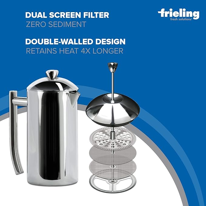 Frieling Double-Walled Stainless Steel French Press Coffee Maker - 44 oz, Polished, Extra Large Stainless Steel Coffee Press for Commercial Use - Camping Coffee Makers & Tea Press
