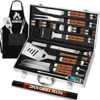ROMANTICIST 26pcs Grilling Gifts for Men, Dad Gifts for Father's Day, Stainless Steel BBQ Grill Accessories Tools Set, Heavy Duty BBQ Utensils Kit with Apron, Thermometer, Mats in Aluminum Case Brown