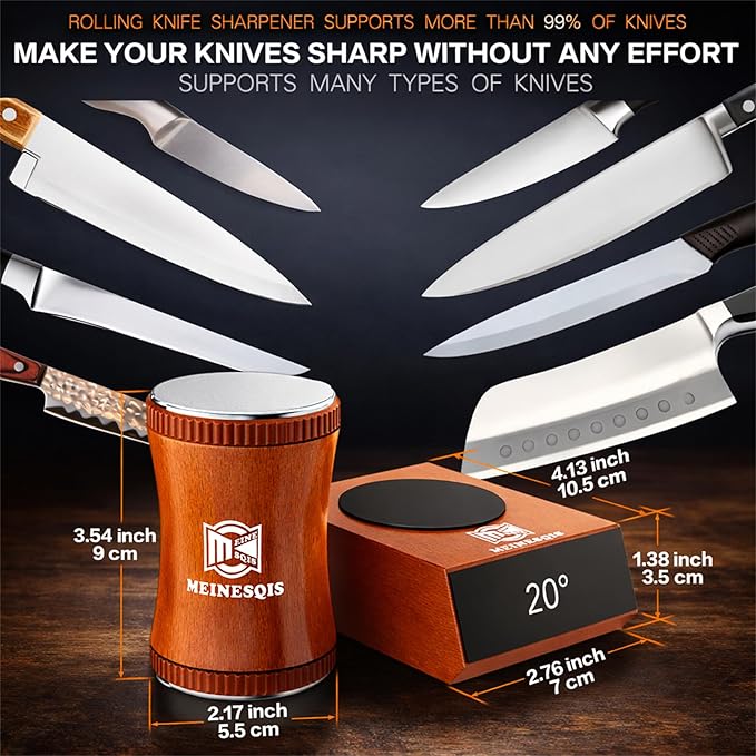 Rolling Knife Sharpener Kit with Diamond & Ceramic Discs, Magnetic Angle Guide 15° 20°, Professional Kitchen Knife Sharpener System, Manual Knife Sharpening Tool for Chef Knives Kitchen Gadgets
