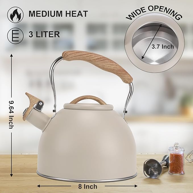 Tea Kettle, Vegoran 100 OZ / 3 Liter Whistling Tea Kettle, Tea Pots for Stove Top Food Grade Stainless Steel with Wood Pattern Folding Handle, Loud Whistle Kettle for Tea, Coffee, Milk (Milk White)