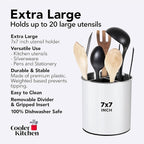 Cooler Kitchen White Rotating Extra Large Stainless Steel Utensil Holder Caddy with Sturdy No-Tip Weighted Base, Removable Divider, and Gripped Insert - Dishwasher Safe Metal Cooking Utensil Holder
