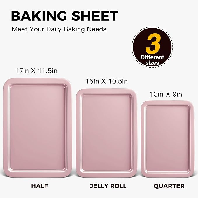 HONGBAKE Baking Sheet Pan Set, Cookie Sheet for Oven, Nonstick Bakeware Sets with Wider Grips, 3 Pack Half/Jelly Roll/Quarter Baking Tray, Premium, Dishwasher Safe-Pink