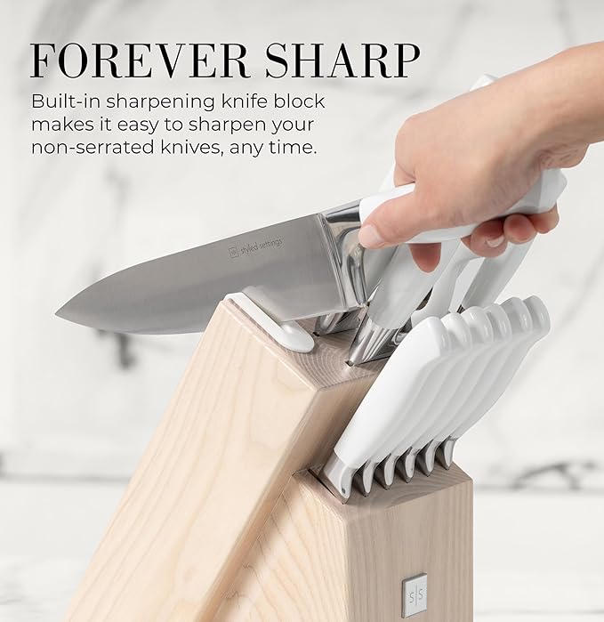 Styled Settings White Knife Set with Block and Sharpener – 14-Piece High Carbon Stainless Steel Knives with Ashwood Block and Built-In Sharpener – Durable White Kitchen Accessories for Cooking