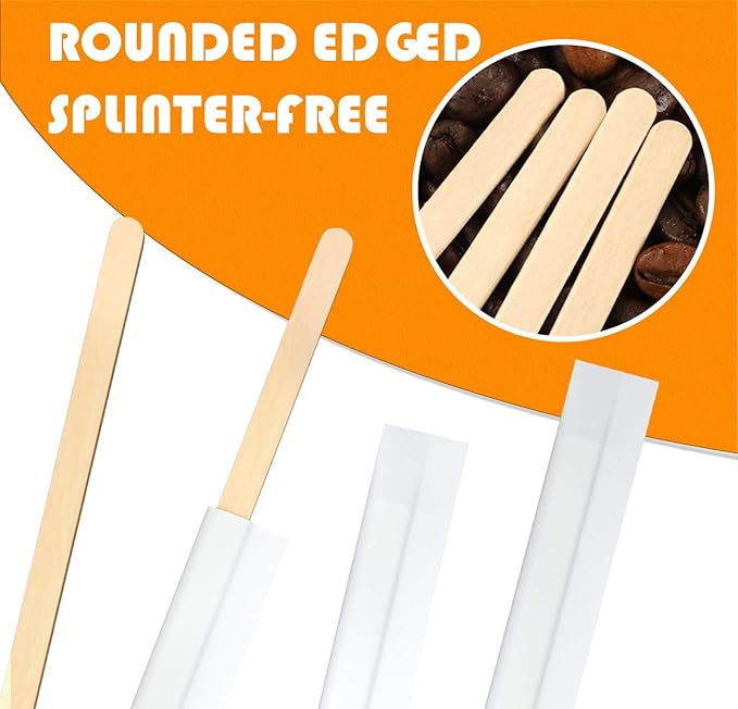 1000Pcs Disposable Wood Coffee Stir Sticks Stirrers Individually Paper Wrapped Coffee Tea Beverage Stirrers Stirrings 7.5 Inch,190mm