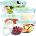 YUANYE 5 Pack Glass Mixing Bowls with Lids Set (5/2.5/1.5/0.9/0.6QT), Thick Glass Large Salad Bowl Set, Nesting Kitchen Bowls for Serving, Prepping, Cooking and Baking, Dishwasher,Oven,Microwave Safe