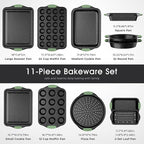 11-Piece Nonstick Bakeware Set, Stackable & Oven-Safe Kitchen Baking Pans with Silicone Handles - Includes Cookie Sheet, Cake Pan, Muffin Tin, Pizza Stone & Bread Loaf Pan, Dark Green&Black