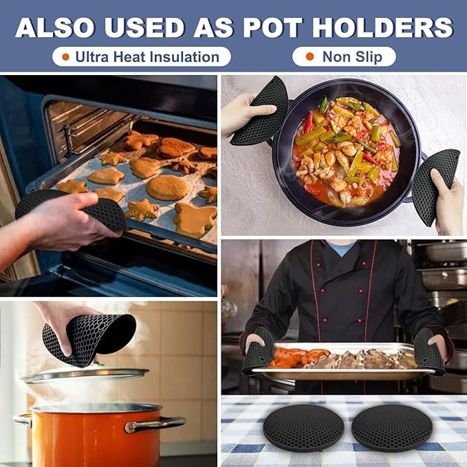 Walfos Silicone Trivet Mats - 4 Heat Resistant Pot Holders, Multipurpose Non-Slip Hot Pads for Kitchen Potholders, Hot Dishers, Jar Opener, Spoon Holder, Food Grade Silicone & BPA Free (Green)