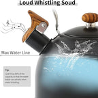 LONFFERY Tea Kettle for Stove Top, 2.5 Quart Whistling Tea Kettle, with Food Grade Stainless Steel and Wood Pattern Folding Handle, Black
