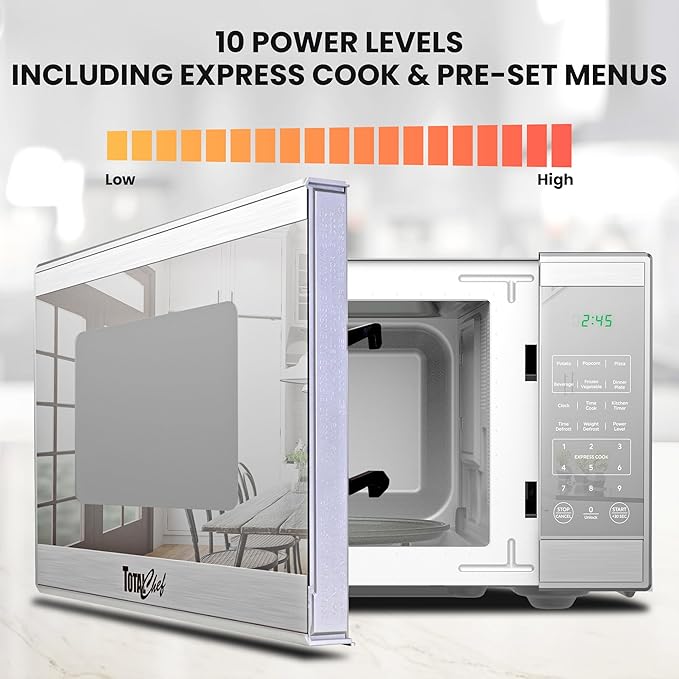 Total Chef 1.3 Cu Ft Microwave Oven – Compact Countertop Microwave, Small Stainless Steel Kitchen Appliance with Digital Touch, Pre-Set Functions, 12.8” Turntable, 1100 Watt, Microondas Pequeños