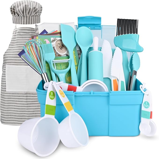 Kids Cooking and Baking Set with Storage Case Real Cooking Supplies with Cookbook Knives Apron Chef Hat Kids Cooking Utensils for Girls Boys