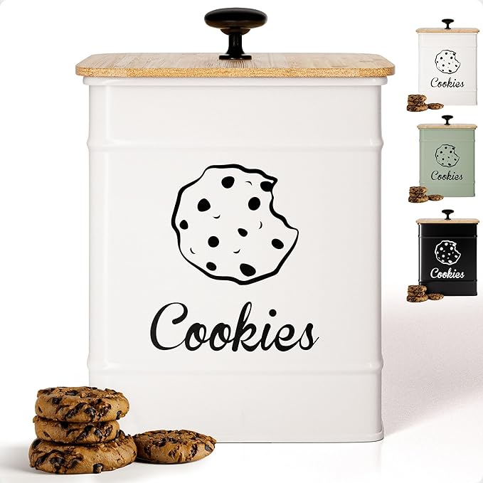 Cookie Jar with Airtight Lid - 1 Gallon - 6"D x 8"H White Iron Cookie Tin with Bamboo Lid - Large Cookie Jars with Lids Airtight - Farmhouse Cookie Jars for Kitchen Counter Decorative - Cookies Jar