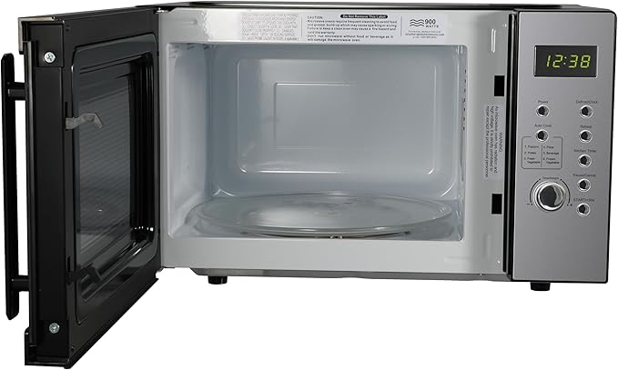 Emerson MW9005SS Compact Countertop Microwave Oven with Push Button Control, LED Display, 900W, 5 Power Levels, 6 Auto Menus, Glass Turntable and Child Safe Lock, 0.9 Cu. Ft., Stainless Steel