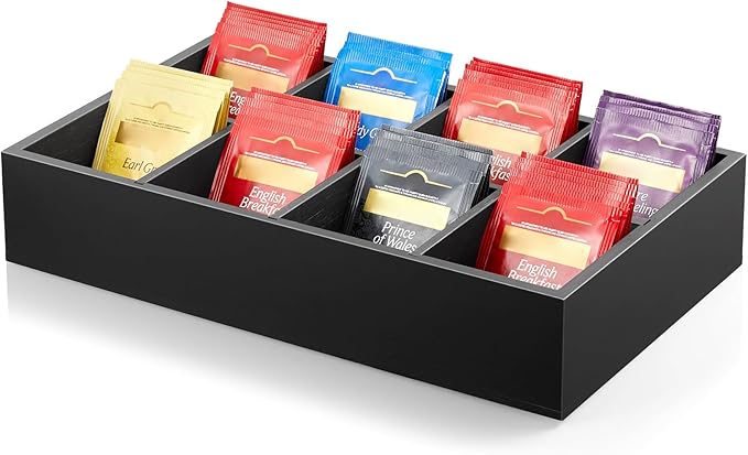 DRASTAR Tea Bag Organizer, Tea Box Organizer Storage Box, Wooden Tea Bag Holder, Tea Chest with 8 Compartments, Tea Caddy for Tea Bags Organizer, Black