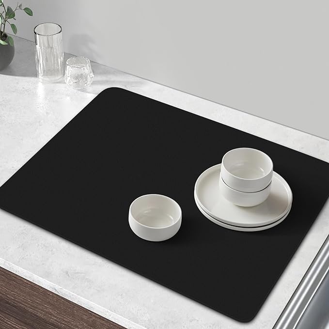 WISELIFE Coffee Mat Super Absorbent Dish Drying Mat Coffee Bar Accessories Match with Machine Large Drying Mats for Kitchen Counter 12" W x 19" L, Black