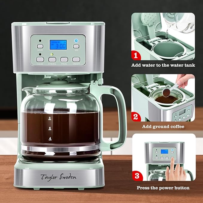 Taylor Swoden 12-Cup Programmable Coffee Maker, Regular & Strong Brew Drip Coffee Machine for Home and Office, Glass Carafe, Pause & Serve, Auto Shut Off, Green & Stainless Steel