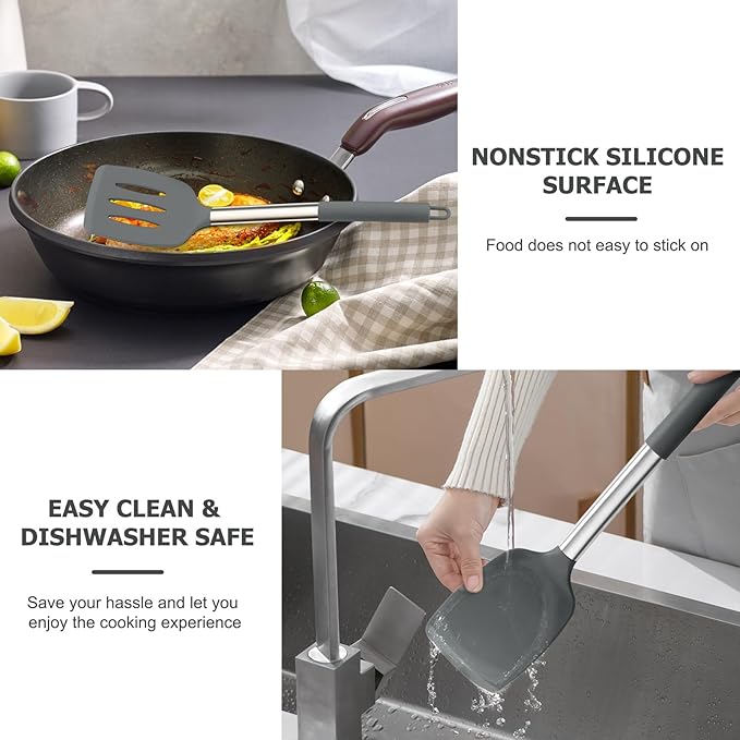 TeamFar Kitchen Utensils, 4PCS Heat-proof Silicone Cooking Utensils Set Slotted Spatula Solid Turner Spoon with Stainless Steel Handle, for Non-stick Cookware Flipping, Frying, Draining – Gray