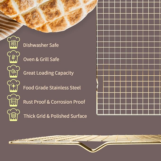 BRIOUT Cooling Rack for Baking, 16x10 Inches Baking Rack, Thick Wire Cookie Rack for Cooking, Roasting, Grilling, Drying, Oven Safe, Fits Half Sheet Pan, Gold
