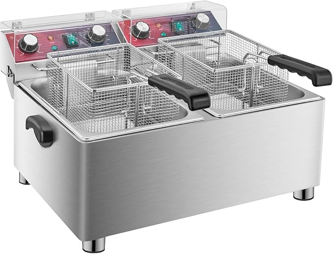 Mvegoiuok Commercial Double Deep Fryer With 2 Basket large deep fryer 3600W Electric Oil Fryer Pot for Home Use 25QT Fish Fryer With Oil Filtration Stainless Steel Frier