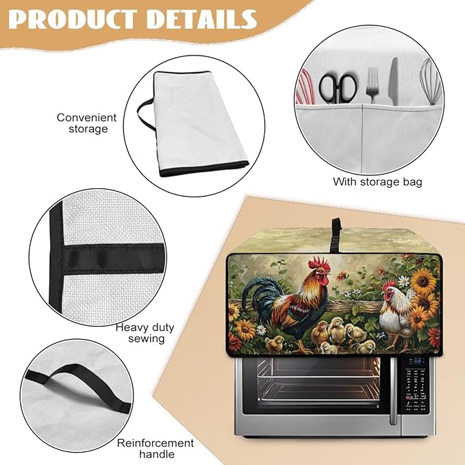 Rooster Sunflower Print Toaster Oven Dust-proof Cover Heat-Resistant Kitchen Small Appliance Air Fryer Covers Universal Washable Microwave Oven Covers (Small-14.5 * 18.46 * 9 inches)