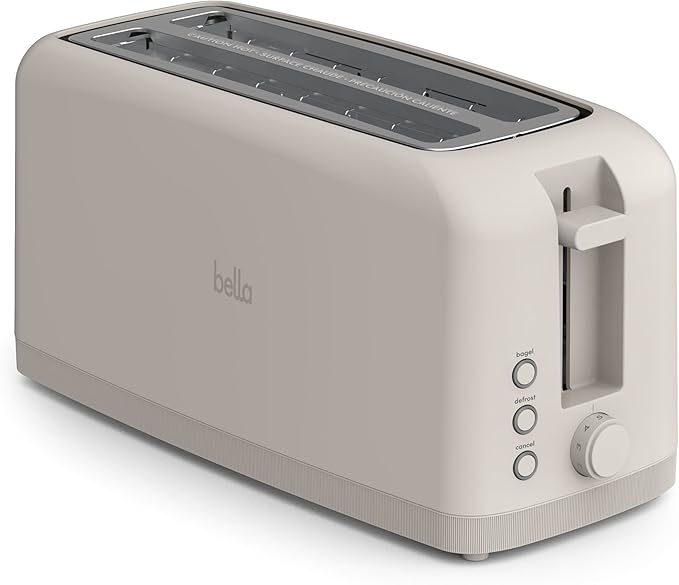 bella 4 Slice Slim Toaster, Fits-anywhere™ Kitchenware, 6 Setting Shade Control with Reheat & Cancel Buttons, Fits Sourdough, 10” Long Slot, Anti Jam & Auto Shutoff, 900 Watt, Oatmilk