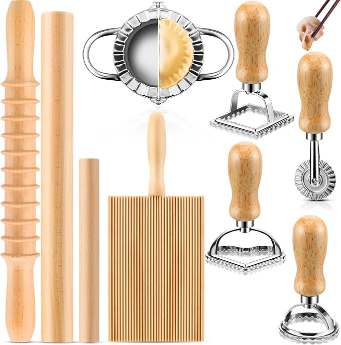 9 Pcs Gnocchi Pasta Making Tools kit - Gnocchi Board, Pasta Cutter, Ravioli Stamp, Wood Threaded Pasta Roller Pin Set, Noodle and Dumplings Maker, Homemade Kitchen Gift for Pasta Lovers