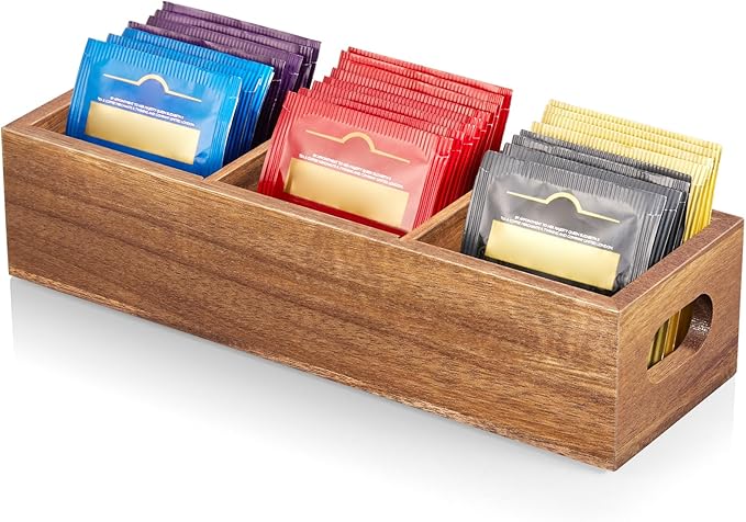DRASTAR Tea Bag Organizer, Acacia Tea Bag Holder, Tea Storage Containers with 3 Slots, Wooden Tea Storage Accessories, Mini Tea Bag Caddy Box for Countertop