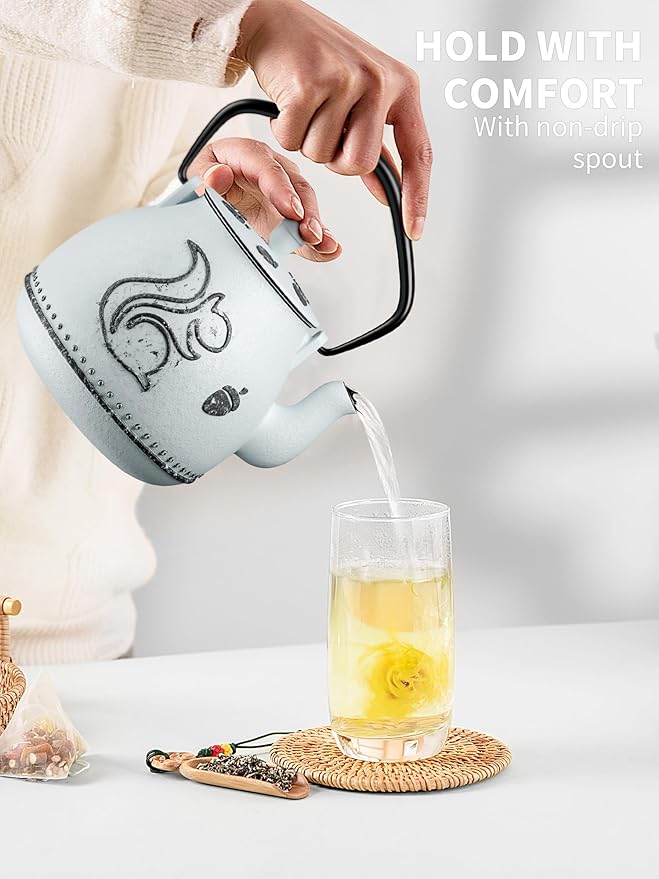Toptier Teapot with Removable Infuser, Cast Iron Tea Kettle Stovetop Safe, Squirrel Design Tea Pot Coated with Enameled Interior for 32 Ounce (950 ml), Light Blue