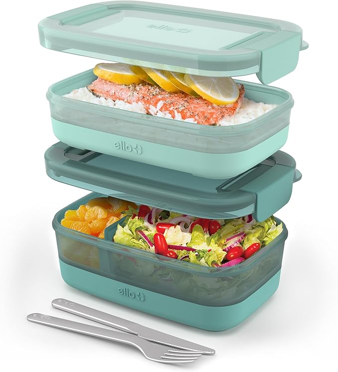Ello 2-Pack Lunch Stack Plastic Food Storage Container Bento Box with Airtight, Leak-Proof Locking Plastic Lids and Silicone Base, BPA-Free, Freezer, Microwave, and Dishwasher Safe, Mint Chip