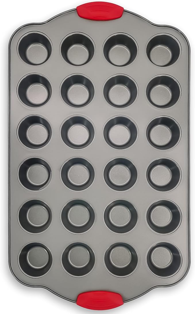 Boxiki Kitchen 24 Cup Mini Muffin Pan with Silicone Handles | Professional Non-Stick Cupcake Pan for Muffins, Cupcakes, Egg Bites, and More