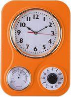 Lily's Home - 9.5 Inch x 12.5 Inch - Retro Kitchen Wall Clock, Vintage Wall Clock with a Thermometer and 60-Minute Timer, Ideal for Any Kitchen, Office, or Diner (Orange)
