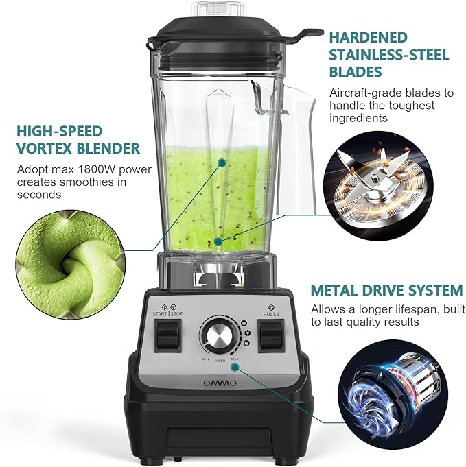 OMMO Blender 1800W, Professional High Speed Countertop Blender with Stainless Steel Blades, 60oz BPA Free Jar for Shakes and Smoothies, Ice and Fruits, Dishwasher Safe