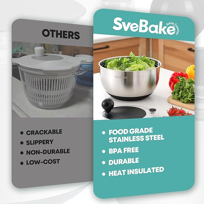 5.3Qt Stainless Steel Salad Spinner with Stop Button, BPA-Free Vegetable Lettuce Spinner, Transparent Lid & Drainage Hole, Non-Slip Base, Dishwasher Safe Fruit Washer