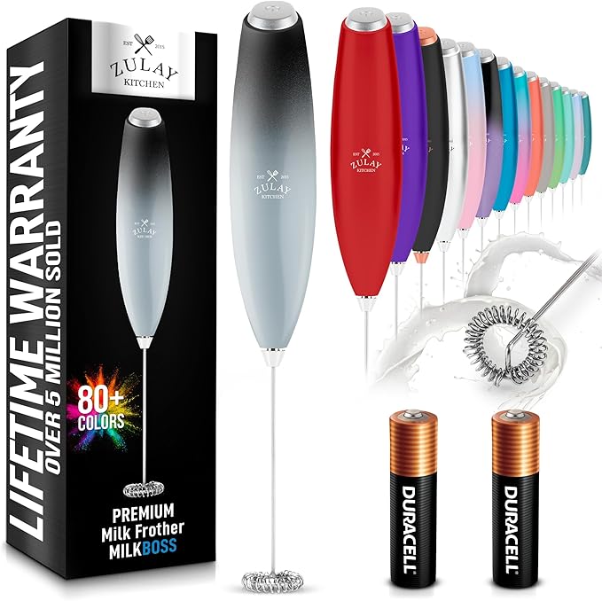 Zulay Kitchen Milk Frother Handheld Electric Whisk with AA Duracell Batteries – Durable Drink Mixer for Coffee, Lattes, Cappuccinos & More - Storm