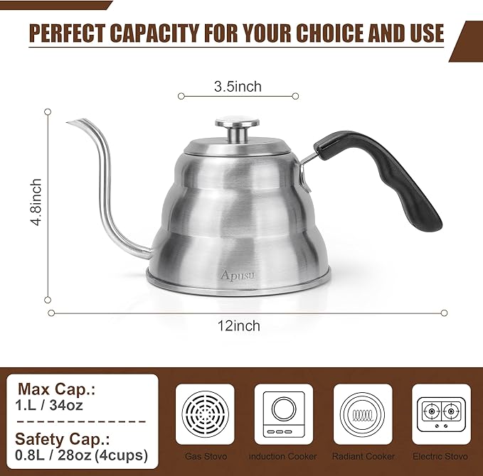 Pour Over Kettle for Manual Drip Coffee and Tea with Thermometer 28oz Gooseneck Kettle with Flow Control Stainless Steel Water Kettle for Stovetop,800ml,4 Cup,Silver,1Pack