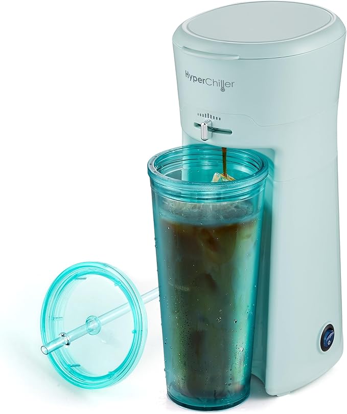 HyperChiller EHC824 Iced & Hot Coffee Maker, Adjustable Flow/Strength Lever, Includes 20 Oz. Tumbler & Reusable Straw, Compatible with Coffee Grounds, Removable, Reusable Mesh Filter, Mint