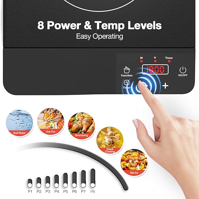 Portable Induction Cooktop 1800W,110V Single Burner Induction Burner & Fry Pan, Hot Plate Stove Electric Burner LED Touch Control & 4H Timer, 8 Power 8 Temperature Setting for Cooking
