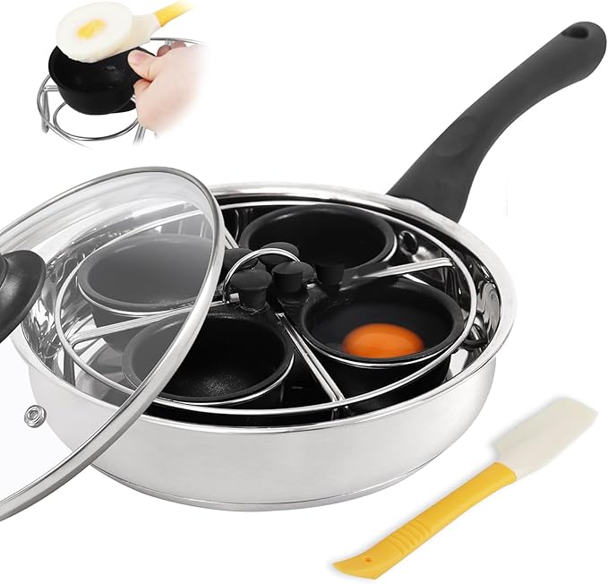 Egg Poacher Pan, Stainless Steel Egg Poaching Pan for Benedict Breakfast Maker, Poached Egg Cookware with 4 Nonstick Large PFOA Free Egg Poacher Cups and Silicone Spatula
