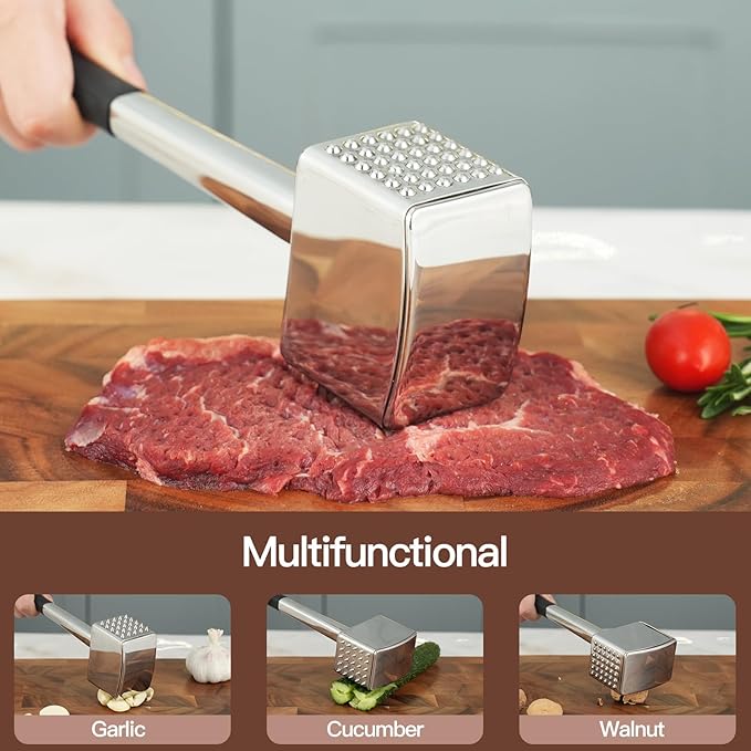 Meat Tenderizer, 304 Stainless Steel Meat Hammer, Heavy Duty Kitchen Meat Mallet,Four-sided Meat Tenderizer Tool, Meat Pounder for Tenderizing Steak, Beef, Chicken, Nut (1.31lb)