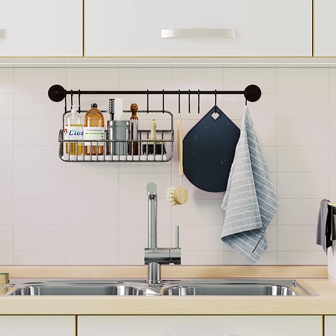 Wallniture 24" Gourmet Kitchen Rail for with 10 S Hooks for Hanging Utensils, Pot Pan Lid Rack Storage Organizer Set, Steel, Black