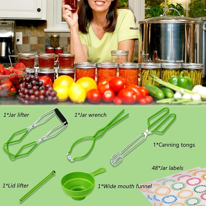 Cooking Utensils Canning Supplies Starter Kit - Beginner's Set with Canning Tools, Tongs, Jar Lifter, Funnel, Labels, Stainless Steel Water Bath Canning Pot Accessories, Pressure Canning Essentials