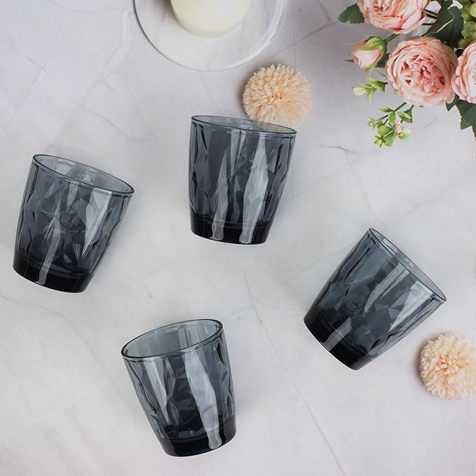 Topsky 10 oz Plastic Water Tumblers | Set of 4 Transparent Unbreakable Drinking Glasses Clear Acrylic Reusable Juice Wine Cups for Home Picnic Party, Dishwasher Safe, Stackable (Gray)