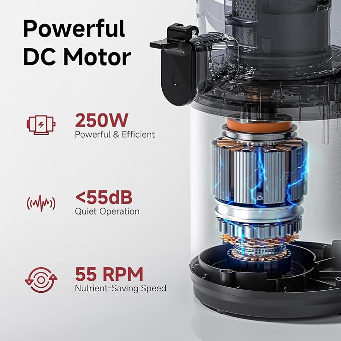 Cold Press Juicer Machine with 6" Extra-Wide Feed Chute,Triple Stainless Steel Filter,Quiet DC Motor,Easy to Clean,Slow Masticating Juicer High Juice Yield,Grey
