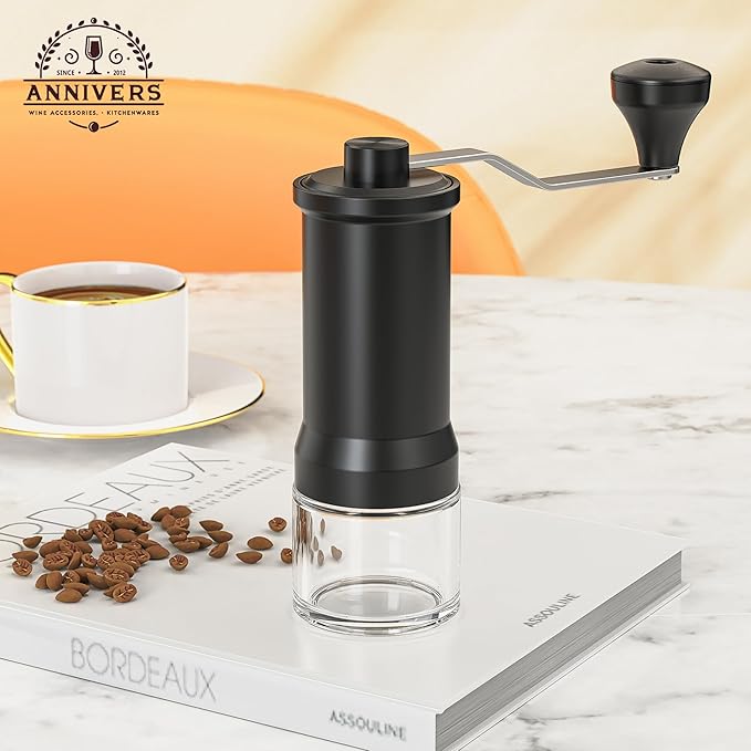 Manual Coffee Grinder Hand Coffee Bean Grinder Burr Grinder, Adjustable Coarseness Ceramic Burr Glass Jar Stainless Steel Crank Brush, for Espresso French Press Drip, Moulin à Café Manuel