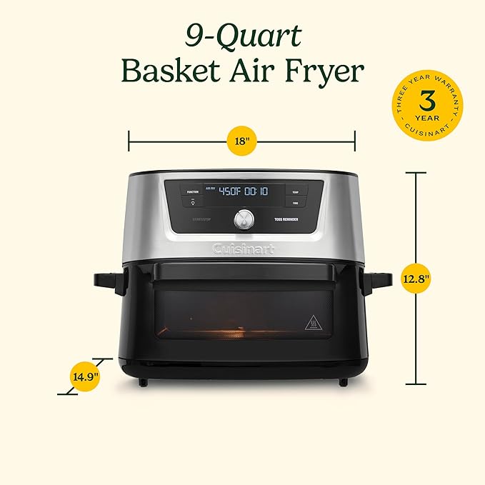 Cuisinart Air Fryer, 9-Quart Basket Stainless Steel Fryer Oven with 6 Presets to Roast, Bake, Broil, Air Fry, Dehydrate and Keep Warm, Dishwasher-Safe Parts, Quick & Easy Meals, AIRX-221, Black