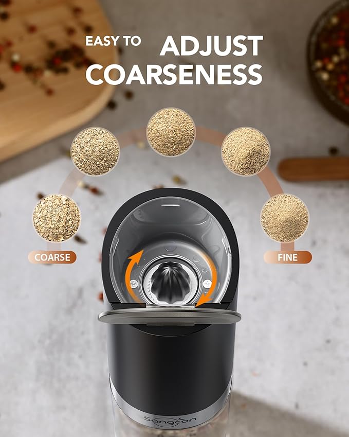 Sangcon Gravity Electric Salt and Pepper Grinder Set with Dust Cover, Battery Operated(4 AAA), Large Capacity, Adjustable Coarseness, One Hand Automatic Salt and Pepper Shakers Set Mill with LED Light