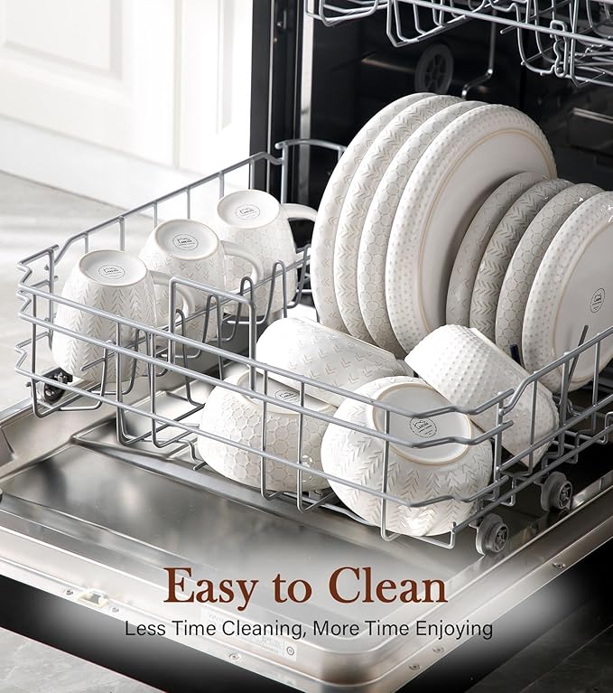 24 Piece Dinnerware Sets for 8 - Farmhouse Style Stoneware Plates and Bowls Sets - Scratch Resistant & Dishwasher Safe, Embossed Boho Ceramic Dish Set, Stack Compactly Dishware - Vintage White