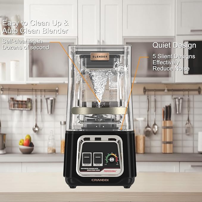 CRANDDI Commercial Blender, 2200W Countertop Blenders with Removable Shield, Quiet Smoothie Blender for Shakes and Ice Crushing, 52oz, 38000 RPM Professional Blenders for Kitchen, K80 (Black)