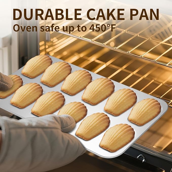 Madeleine Pans Set of 2, Nonstick 12-Cavity Madeleines Mold Cookie Tray for Baking, Heavy Duty Warp Resistant Cute Shell Shape Madeleine Mold Cake Pan - Silver