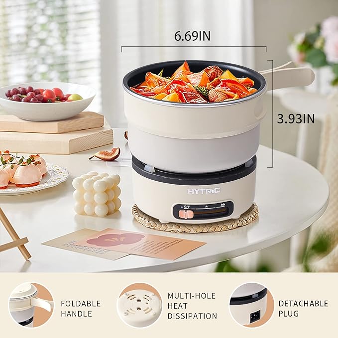 HYTRIC Electric Cooker, 2L Portable Electric Cooker with Foldable Handle, Non-Stick Electric Cooker with Dual Power Control for Camp, Dorm, Multi-Function Ramen Cooker for Oatmeal, Steak, Pasta,