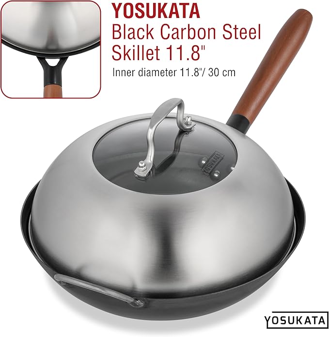 YOSUKATA Wok Lid 11.4 In - Premium Stainless Wok Cover with Tempered Glass Insert Steam Holes and Ergonomic Handle - Durable Wok Accessories - Dishwasher-Safe Lid for 11.8-In Wok - Chees Melting Dome